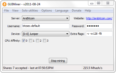 Приклад настройки Майнер для пулу ArsBitcoin